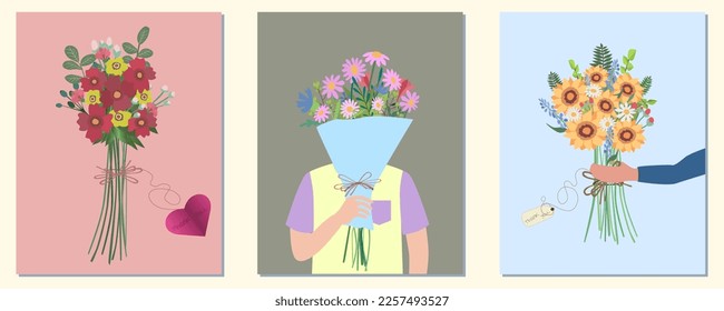 Un juego de postales para el día de San Valentín, el día de la madre, el cumpleaños, para decir gracias. Cada parte de la ilustración se puede utilizar de forma individual y aislada. Cuidada ilustración pastel de un Bouquet de flores.