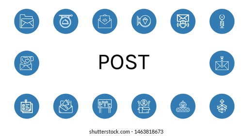 Set of post icons such as Email, Signboard, Mail, Signpost, Sticky note, Road sign, Box, Production, Unboxing, Love letter, Envelope , post