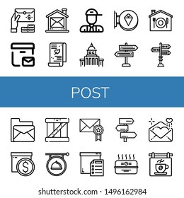 Set of post icons such as Email, Postal delivery, Mail, Love letter, Postman, Government, Signboard, Signpost, Home delivery, Box, Cardboard box , post