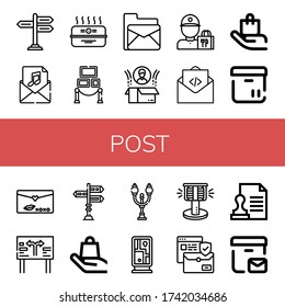 Set of post icons. Such as Signpost, Invitation, Cardboard box, Exhibition, Email, Box, Delivery guy, Mail, Handle with care, Love letter, Road sign, Street lamp , post icons