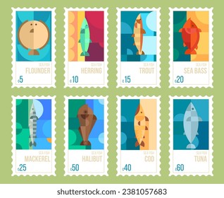 Set post mark with geometric sea fish in minimal style. Tuna, flounder, cod, herring, trout, mackerel, salmon, perch, halibut. Fashion bauhaus concept design sticker or banner. Vector illustration.