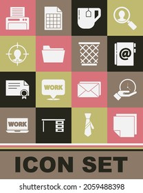 Set Post note stickers, Clock, Address book, Cup of tea with tea bag, Document folder, Head hunting concept, Printer and Trash can icon. Vector