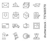Set of post office Related Vector Line Icons. Includes such Icons as icon as letter, mailman, delivery, mail, courier, Inbox and etc.