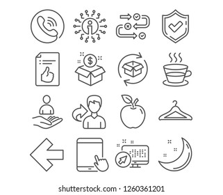 Set of Post package, Survey progress and Approved document icons. Tablet pc, Coffee cup and Left arrow signs. Return parcel, Recruitment and Cloakroom symbols. Postbox, Algorithm, Like symbol. Vector