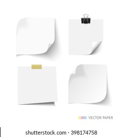 Set of post it paper sheets. Realistic vector notepaper with curl corners. Reminder with paper clip and sticky tape. Realistic vector note paper illustration. Paper sheets with curled corners