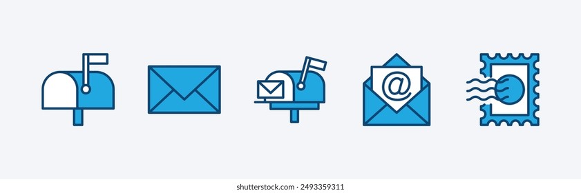 Set of post or postal icon. Containing mailbox, mail, email, E-mail, envelope, newsletter, electronic mail, stamps, postage, seal, and duty stamp. Vector illustration