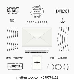 Set of post stamp symbols, mail envelope, vector illustration
