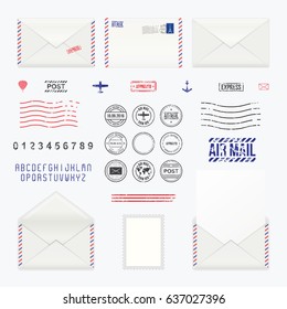 Set of post stamp symbols, mail envelope, icons, vector illustration