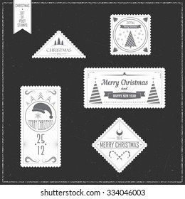 Set of post stamps for Christmas and New Year on black background. Vector design element for congratulation cards, flyers, web sites and banners.