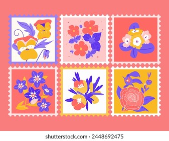 Set of post stamps with different spring flowers, leaves isolated on red background. Cute and fancy backdrop for textile, banner, greeting card, invitation, wrapping, scrapbooking, web, postcard