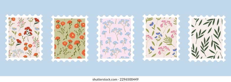 Set of post stamps with flowers and leaves vector flat illustration. Postage mail stamps, postmarks. 