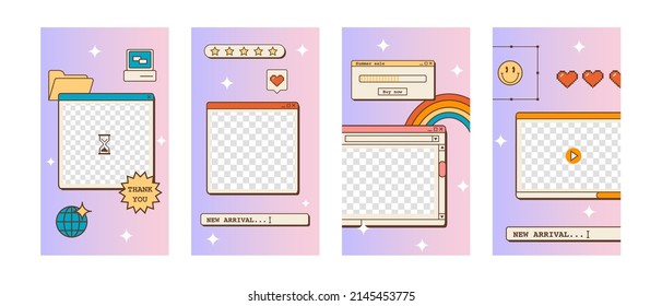 Set Of Post Or Stories Templates For Social Media In Vaporwave Style. Abstract Retro 80s 90s Aesthetic Groovy Backgrounds With Old Computer User Interface, Nostalgic Elements And Stickers. Vector.