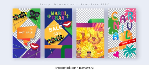 Set Post Story Template Sale banners 2023 Abstract Rio Brazilian Carnival music festival night party flyer Happy People Samba dancers parade Sambadrome, New Orleans Mardi Gras, Notting Hill, Vector