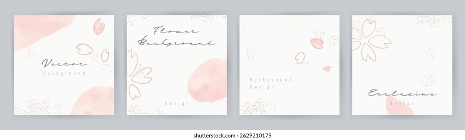 Set of post templates. Japanese Cherry Blossoms flower. Hand drawn floral and pastel pink colors. Vector for social media post, wedding invitation, greeting card, branding, design, banner, poster ad.