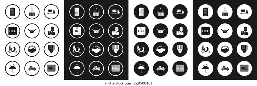 Set Post truck, Cardboard box with traffic symbol, free, Mobile phone app delivery tracking, Delivery man cardboard boxes, Container crane, Scanner scanning bar code and Scooter icon. Vector