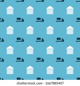 Set Post truck  and Closed warehouse  on seamless pattern. Vector