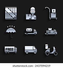 Set Post truck, Delivery cargo vehicle, Scooter delivery, with cardboard boxes, Free service, Umbrella and rain drops, Hand and Wooden icon. Vector