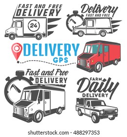 Set of post truck for emblems and logo design and set of delivery truck for emblems and logo.