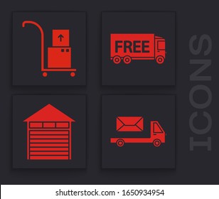 Set Post truck , Hand truck and boxes , Free delivery service  and Closed warehouse  icon. Vector
