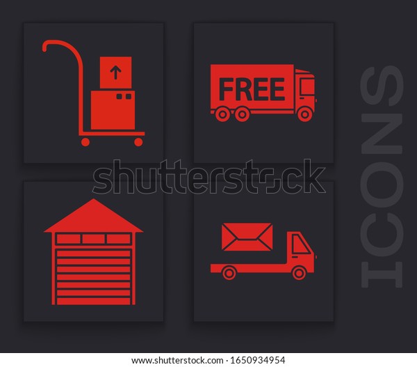 Set Post truck , Hand\
truck and boxes , Free delivery service  and Closed warehouse \
icon. Vector