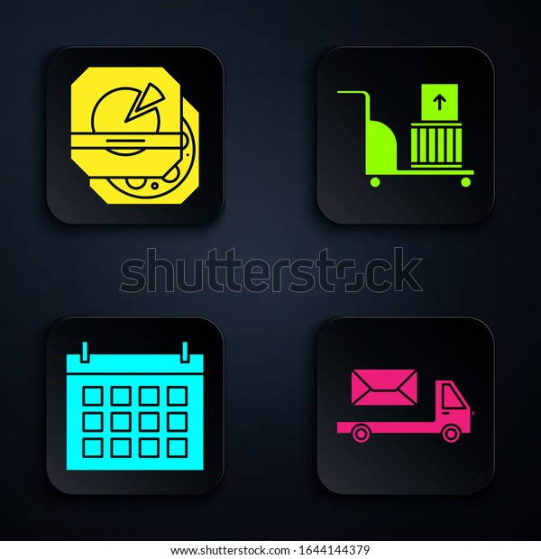 Set Post\
truck , Pizza in cardboard box , Calendar  and Electric hand truck\
and boxes . Black square button.\
Vector