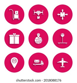 Set , Post truck, Plane, Scale, Placeholder on map paper, Gift box, Cardboard with traffic symbol and Hand and boxes icon. Vector
