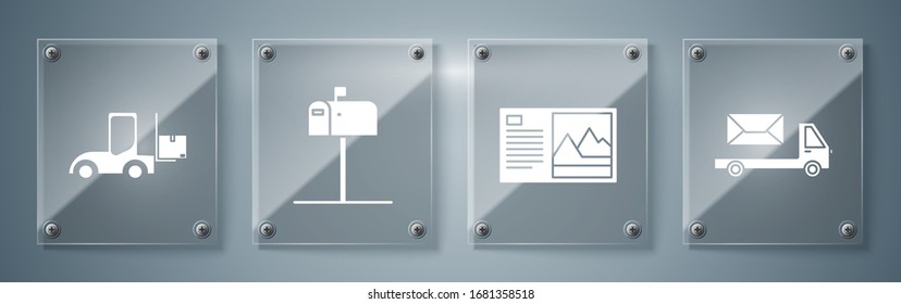 Set Post truck , Postcard , Open mail box  and Forklift truck . Square glass panels. Vector