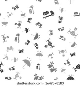 Set Post truck , Railway carriage , Delivery drone with the package  and Umbrella and rain drops  on seamless pattern. Vector