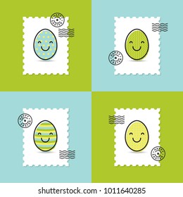 Set of postage stamp with easter painted egg smiley. Happy easter greeting cards