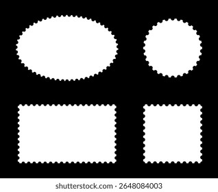 Conjunto de quadros de carimbos de correio. Bordas vazias, planos de fundo para cartões postais, cartas. Etiquetas, etiquetas, cupons, caixas com curvas, ondulado, perfurado bordas. Círculo em branco, carimbos retangulares vintage.