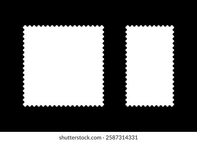 Set of postage stamp pattern frames. Blank rectangular vintage stamp. White tags, labels, coupons, boxes with curvy, wiggly, wavy perforated edges. Empty borders, backdrops for postcards, letters. 