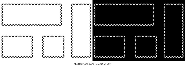 Set of postage stamp sharp straight edge frames. Empty frames collection. Vector illustration isolated in black and white color.