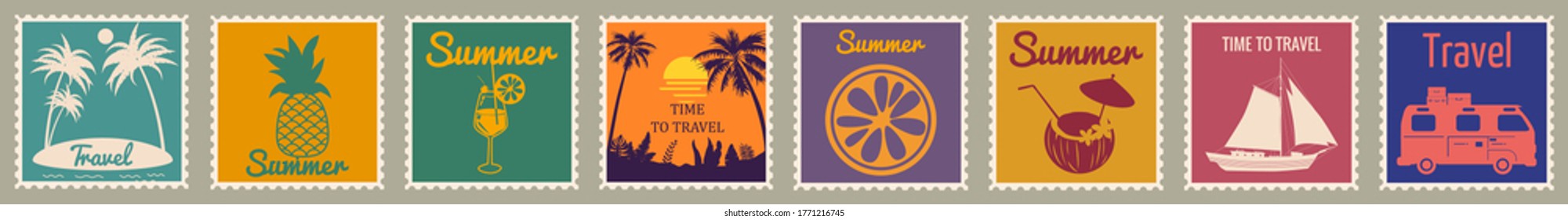 Set Postage stamp summer vacation Sunset Ice Cream Yacht Van Sailboat Pineapple. Retro vintage design vector illustration isolated