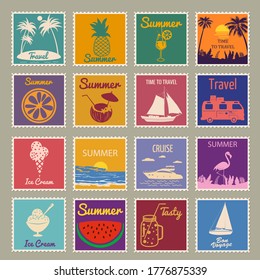 Set Postage stamp summer vacation Sunset Watermelon Jar Ice Cream Yacht Van Sailboat Pineapple Flamingo. Retro vintage design vector illustration isolated