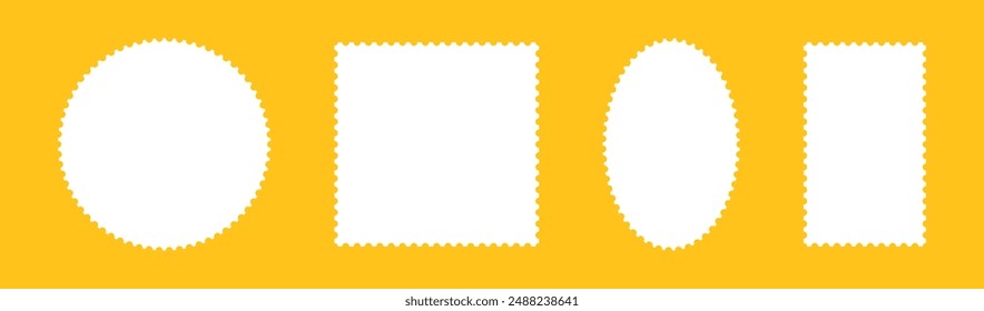 Set of postage stamp template frames. Empty borders, backdrops for postcards, letters. Blank circle, rectangular vintage stamps. Tags, labels, coupons, boxes with curvy, wiggly, wavy perforated edges.