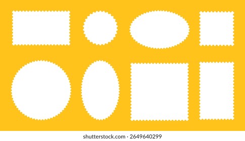 Conjunto de quadros de modelos de carimbo de correio. Cenários para cartões-postais, cartas. Carimbo vintage em branco. Círculo, retângulo tags, rótulos, cupons, caixas, adesivo, correio com curvas, ondulado, ondulado bordas perfuradas.