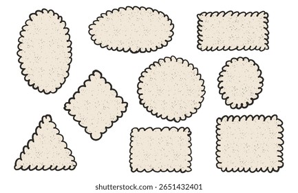 Conjunto de modelos de carimbo postal. Montagem de selo postal. Formas de borda onduladas. Ilustração vetorial. Estilo retrô, papel, modelo de quadro.