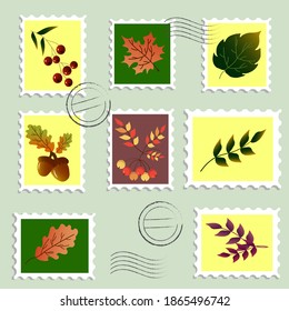 Set of postage stamps. Autumn illustration with leaves and berries Vector illustration. For letters, scrapbooking and decor.