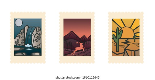 Set of postage stamps with beautiful landscapes. Waterfall, mountains and desert.