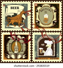 Set of postage stamps with beer bottle,beer mug,chef,griffin,text and price. Set of postage stamps.