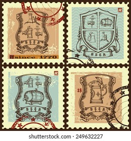 Set of postage stamps with beer escutcheons.Set contains images of beer mug, beer tun, hand with beer mug,postage stamp,postage mark, armorial escutcheons.Vintage style.