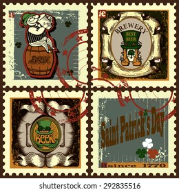 Set of postage stamps with beer labels,fairy,beer tun and text. Set of postage stamps for beer festival. Vintage style.