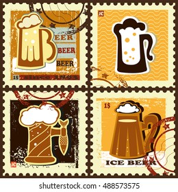Set of postage stamps with beer mugs. Set contains four postage stamps  with different beer mugs on vintage background. Vintage style.