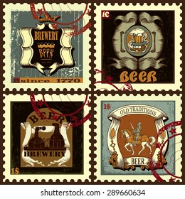 Set of postage stamps for beer theme contains images of ribbons,brewery,cartoon man,beer mug and knight on horseback.Set of postage stamps. Vintage style.