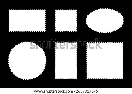 Set of postage stamps. Blank circle, rectangular template vintage frames. Empty borders, backdrops for postcards, letters. White tags, labels, coupons, boxes with curvy, wiggly, wavy perforated edges.
