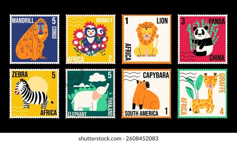 Set of postage stamps with capybara giraffe, elephant, panda, zebra, lion. Graphic cute cards with wild animals.