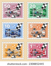 Set of postage stamps. Car racing. Collection. Isolated on a colored background. Vector illustration.