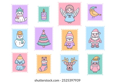  Set of postage stamps with characters to celebrate Christmas.