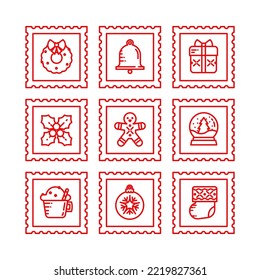 Set of postage stamps with Christmas berries, wreath, bell, gift, gingerbread man, snowball, hot chocolate cup, stocking and Christmas tree ball symbols. Vector linear icons. Editable stroke