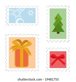 Set of postage stamps. Christmas theme (gift box, christmas tree, star, red bow)